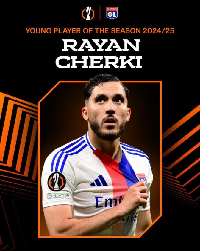 官方：21歲里昂前鋒謝爾基獲歐聯杯賽季最佳年輕球員稱號