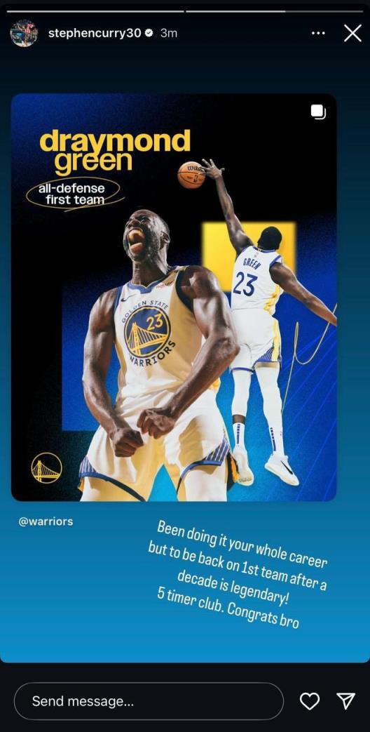 庫里祝賀追夢入選最佳防守一陣：距首次入選已十年