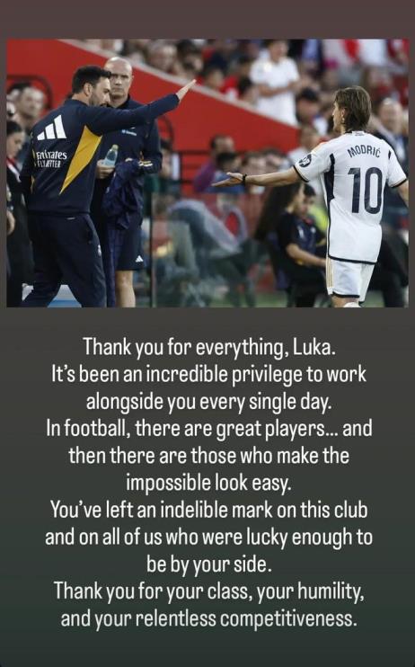 小安切洛蒂致謝莫德里奇：感謝你的一切，與你共事是莫大的幸運