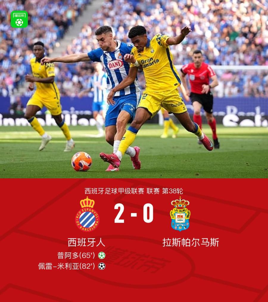 西班牙人2-0拉斯帕爾馬斯保級成功，普阿多點射助勝